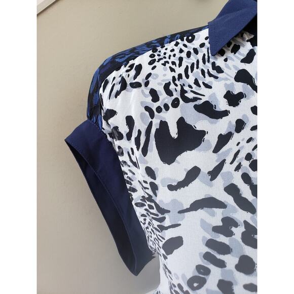 Express Botton Down Shirt Women's Size Small Blue Beige Leopard Chiffon Collared - Picture 9 of 11